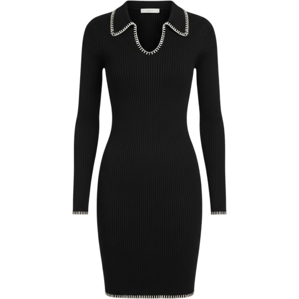 RIHOAS Black Ribbed Knit Whipstitch V-Neck Mini Dress Long Sleeve Size M